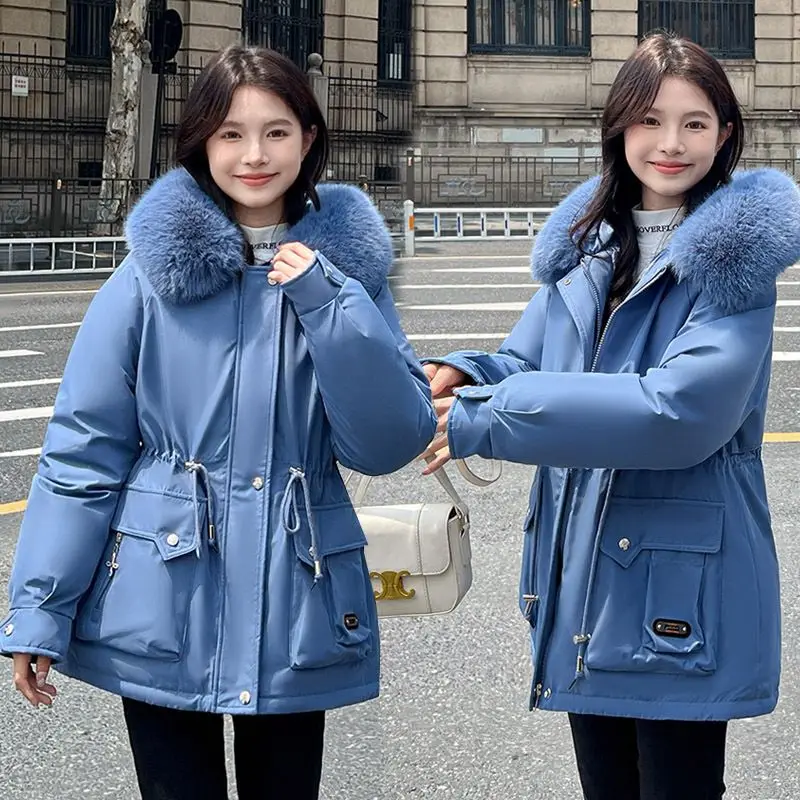 Winter Women's Jacket Hooded Fur Collar Thicken Warm Casual Cotton Jacket Female Pocket Drawstring Waist Cinching Parka M365