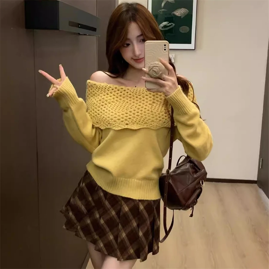 2026 Korean Style One-Shoulder Hollow Long Sleeve Knit Sweater Thickened Lazy Style Overhead Shoulder Bared Base Top for Women