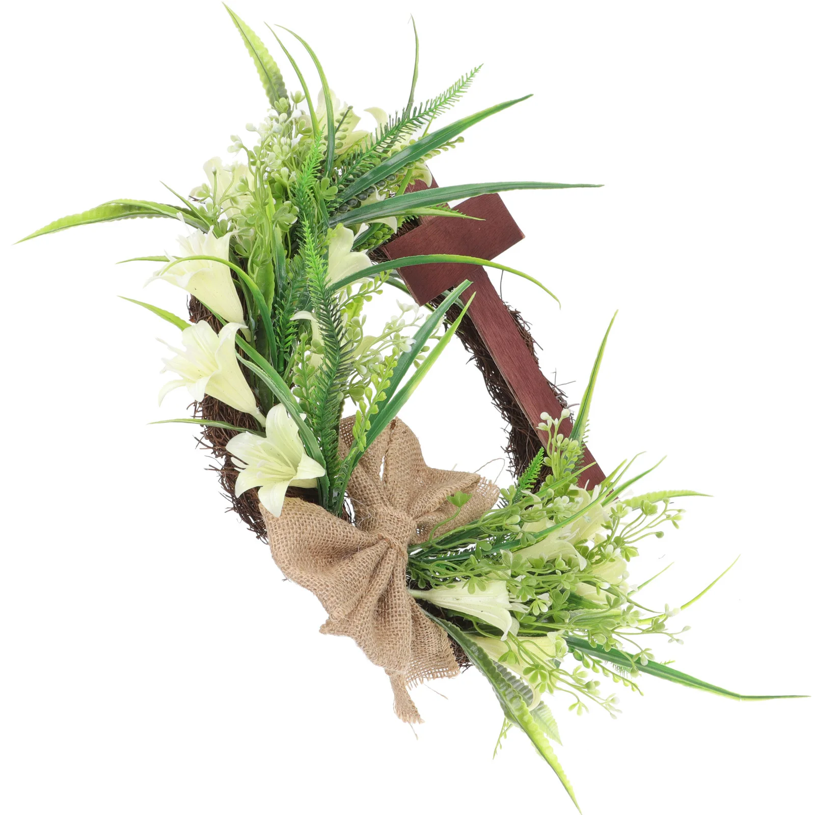 

Easter Wreath with Cross and Flower Bouquet for Front Door Hanging Decor Artificial Rattan Wreath Festival Scene Ornament