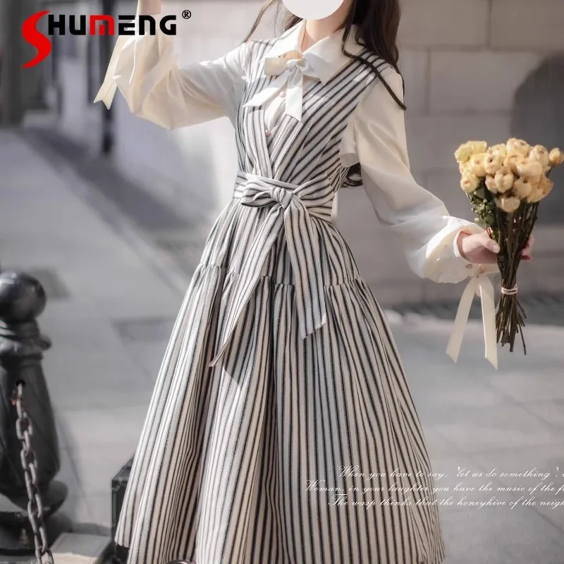 

Japanese Rojita Original Retro Striped Milk Dress High Waist Elegant and Thin French College Style Slim Fit Vestidos Femininos