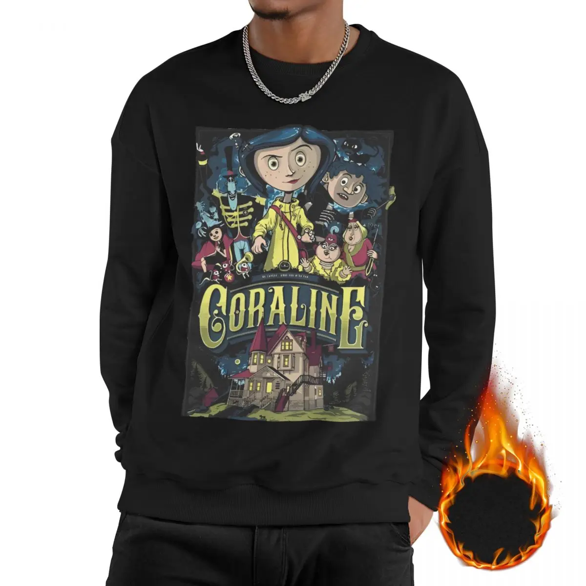 

Men Coralines Jones Movie Casual Long Sleeves Sweatshirts Fleece Lined Fantasy Animation Pullover Crewneck Sweatshirt Hoodie