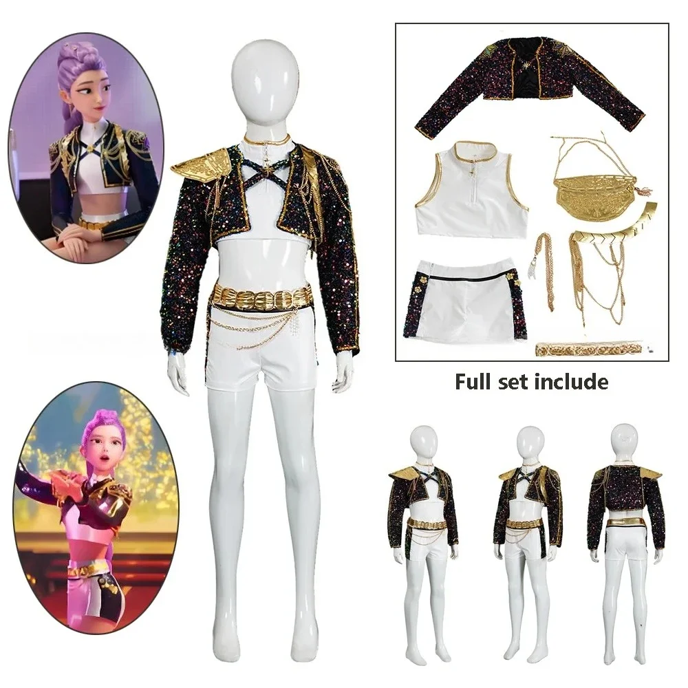 

Kids Rumi Cosplay Costume KPop Demon Hunters Huntrix Black Cortical Sequin Clothing Stage Performance Full Set Outfit with Chain