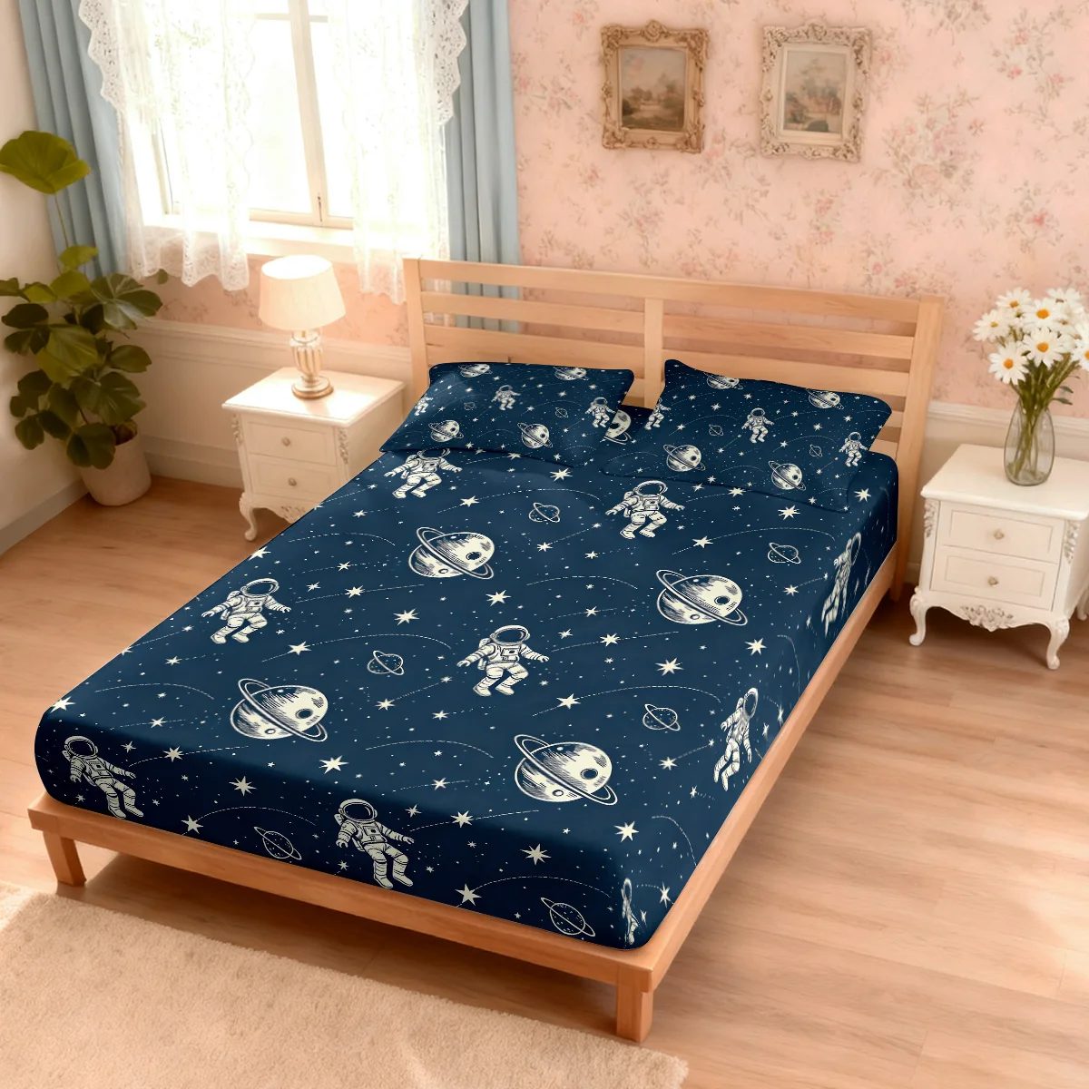 3pcs Cartoon Astronaut Printed Coreless Bed Sheet Set, Multi Size Soft Bed Cover, Bedroom Bedding Decoration, Washable