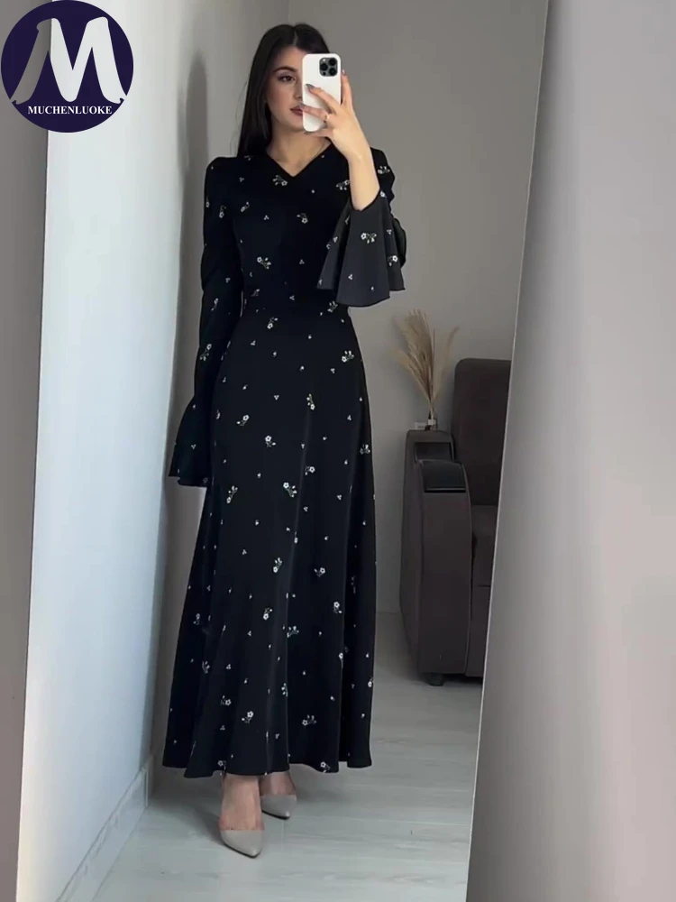 Elegant Dresses for Women Spring Summer New Printing Lotus Leaf Sleeve V Neck Dress Fashionable Slim Fit Women's Evening Dress