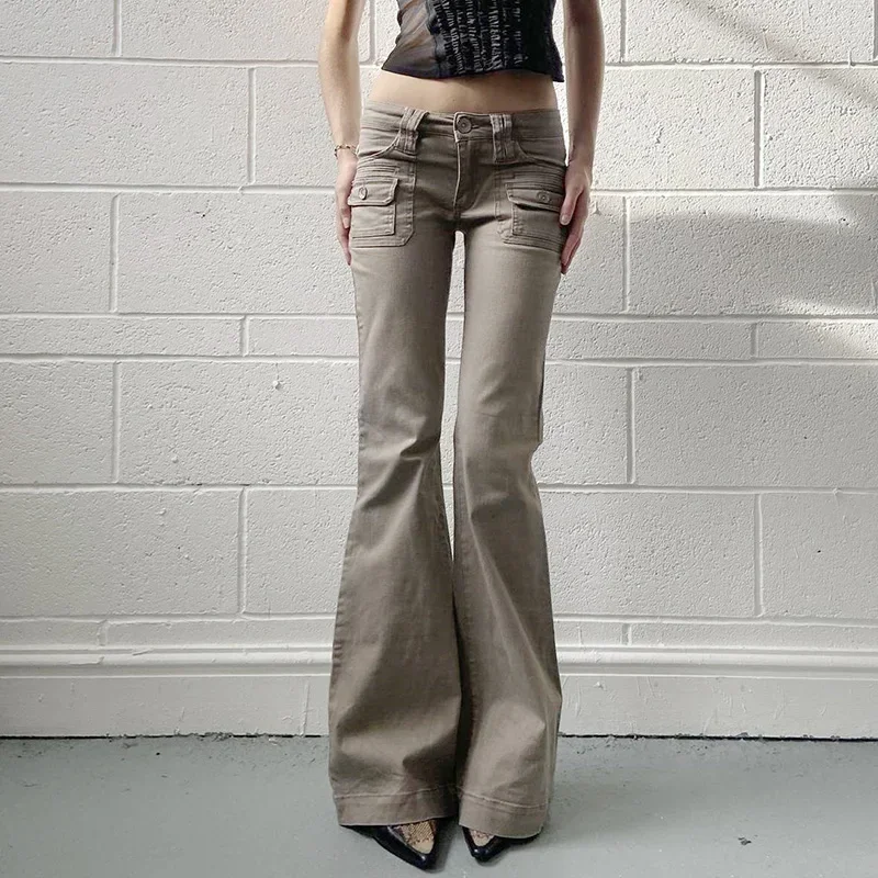 

Vintage Flare Jeans with Pockets Y2K Khaki Slim Fit Denim Trousers Spring High Street Pants Lady Women Stylish