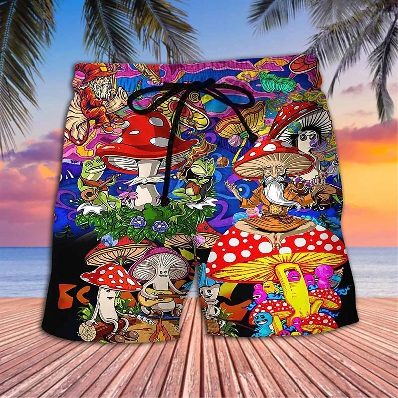 Calça curta masculina com gráfico cogumelo abstrato, shorts de praia para férias no Havaí, baús hip hop, bermudas coloridas, boardshorts, roupas