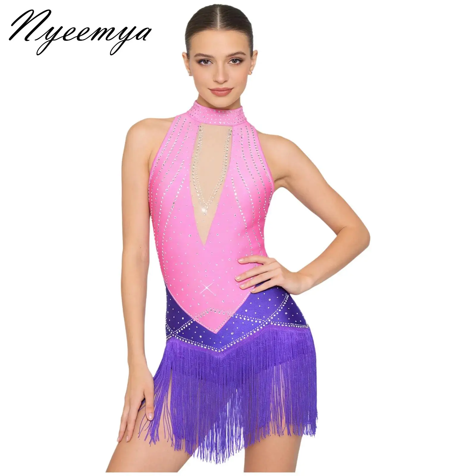 

Adults Womens Figure Skating Performance Costume Rhinestones Halter Sleeveless Tassel Bodysuit Tango Latin Jazz Dance Leotard