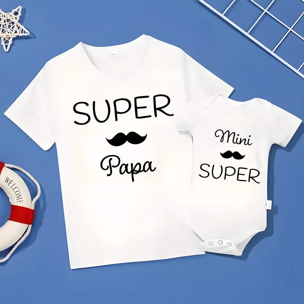 Father's Day Family Matching Outfits Super Papa/mini Super Print Family Set Daddy T-shirt+baby Romper Fathers Day Best Gift