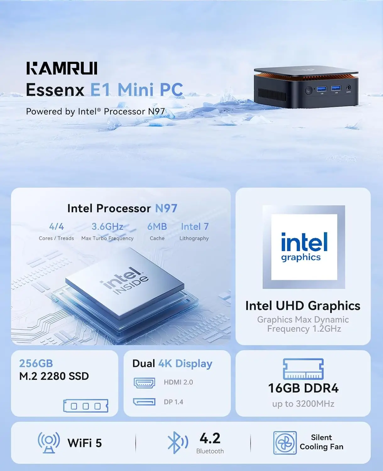 KAMRUI Mini PC Intel Alder Lake N97 16GB DDR4 RAM 512GB M.2 2280 SSD WiFi5 BT4.2 Mini Desktop Computer for Business Home Office