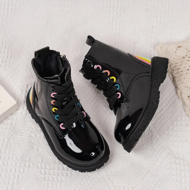 Kids Fashion Ankle Boots for Boys Girls Autumn Winter New Rainbow Color Rubber Boots Zipper Children Boots Black Glossy Leather