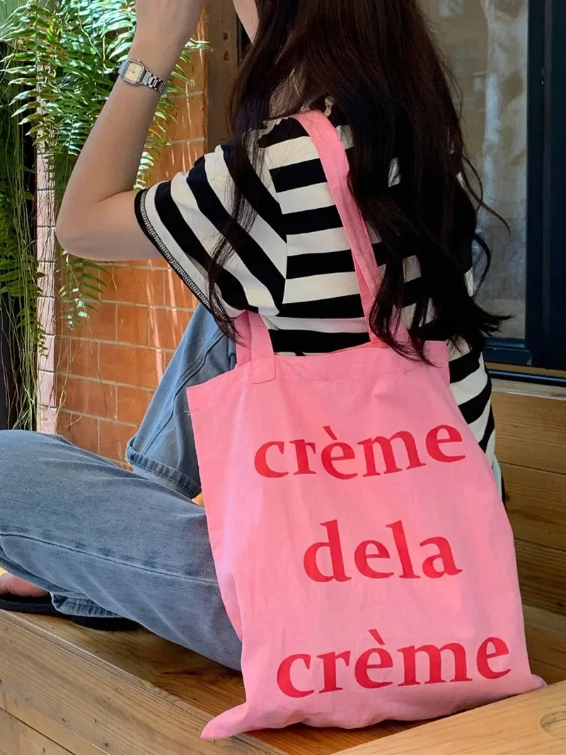 Large Capacity Pink Color Beach Bag Cosmetic Makeup Lipstick Bag Women Shoulder Canvas Handbag Letter Ins Tote Bag