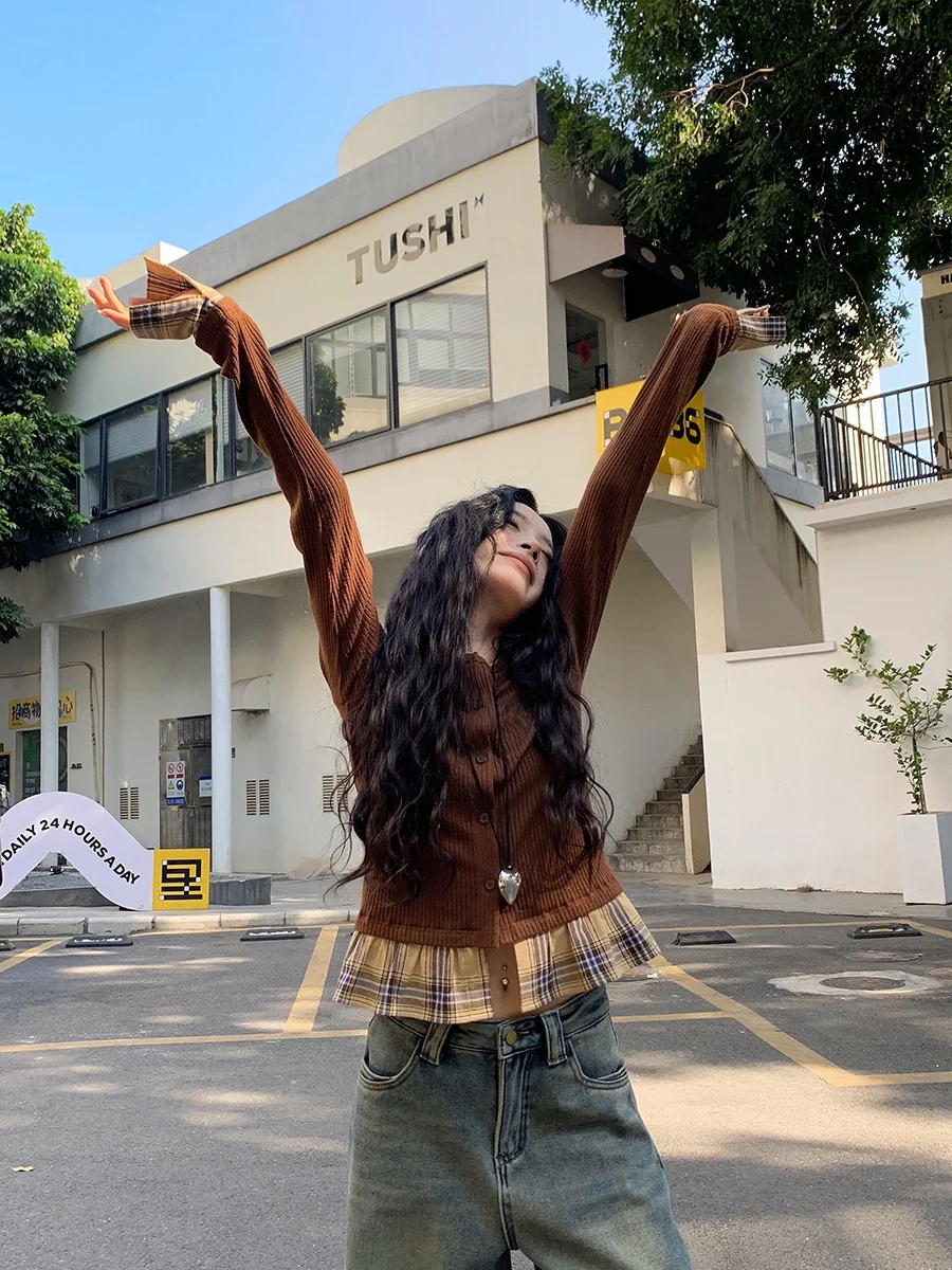 

CaoCaoJia Coffee Plaid Knitted Open Cardigan Long Sve round Ne Spor Versatile Lazy Sle Women's Top Coat