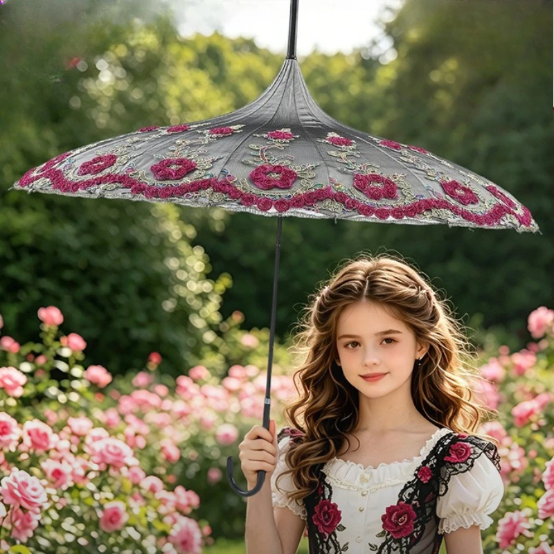 New Lolita Umbrella European Rose Lace Embroidery Princess Parasol Gothic Sun Rain Umbrella for Cosplay Creative Tassel Umbrella