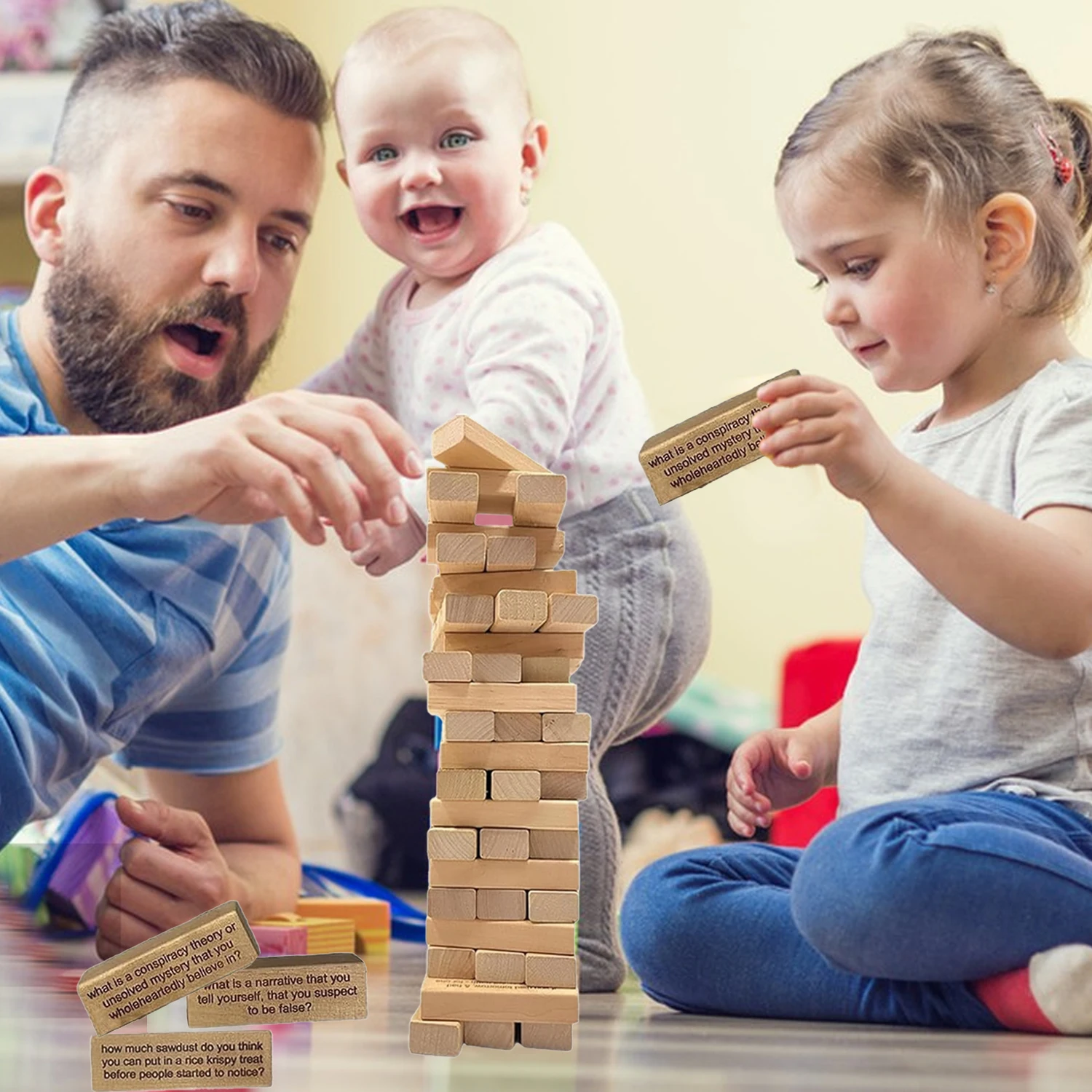 54PCS Questions Tumbling Tower Game Ice Breaker Questions Tumbling Tower Wooden Develop Social Skills Stacking Wooden Block Game