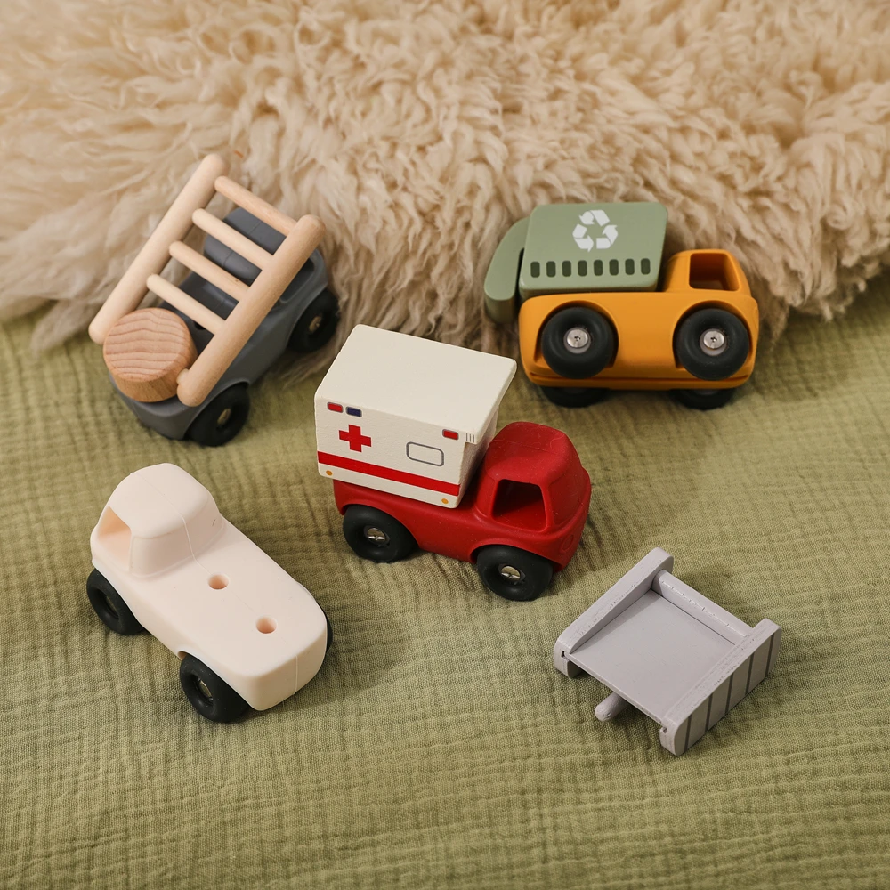 Wooden & Silicone Toy Cars Set – Garbage Truck, Ambulance, Engineering Vehicle – Free Combination, Smooth & Safe for Toddlers