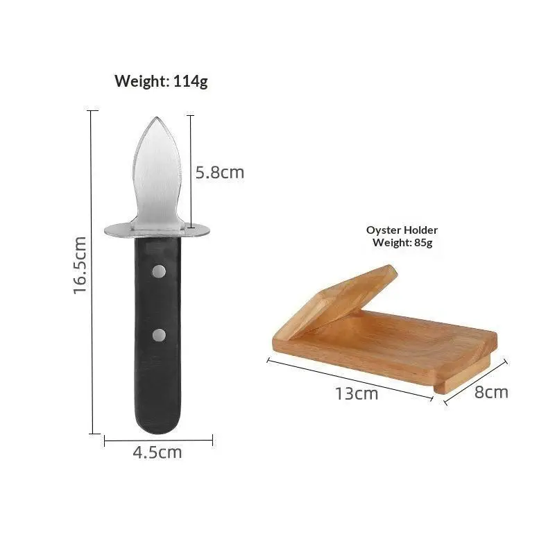 Stainless Steel Oyster Shucking Knife: Non Slip Handle Wooden Holding Base Home Kitchen Seafood Restaurant