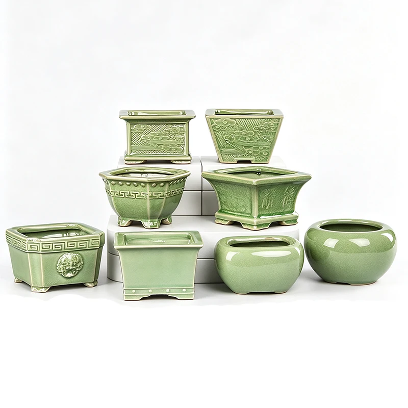 Jingdezhen Ice Crack Small Flower Pot with Plastic Base Bonsai Succulent Potted Plant Pot New Chinese-Style Home Decor Desktop