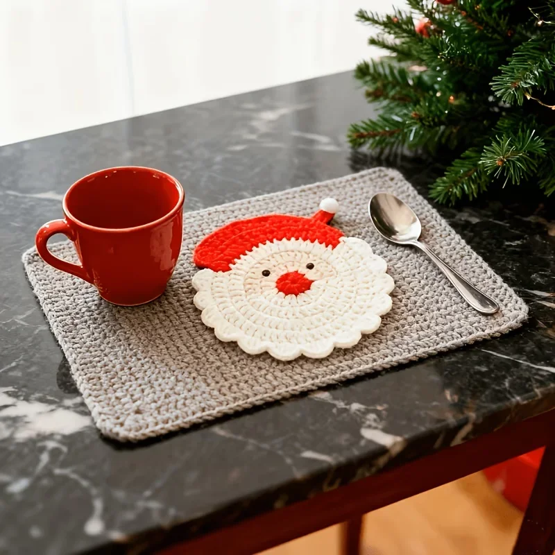 Handmade Crochet Santa Claus Coasters 2/4pcs Durable Fabric Drink Tray Holiday Table Setting Halloween Decoration Christmas Xmas
