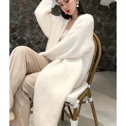 Mink Long Cardigan Women Fall Winter Loose Soft Sweater Casual Gilet Elegant Fluffy Knitwear Jackets Warm Knit  X1060