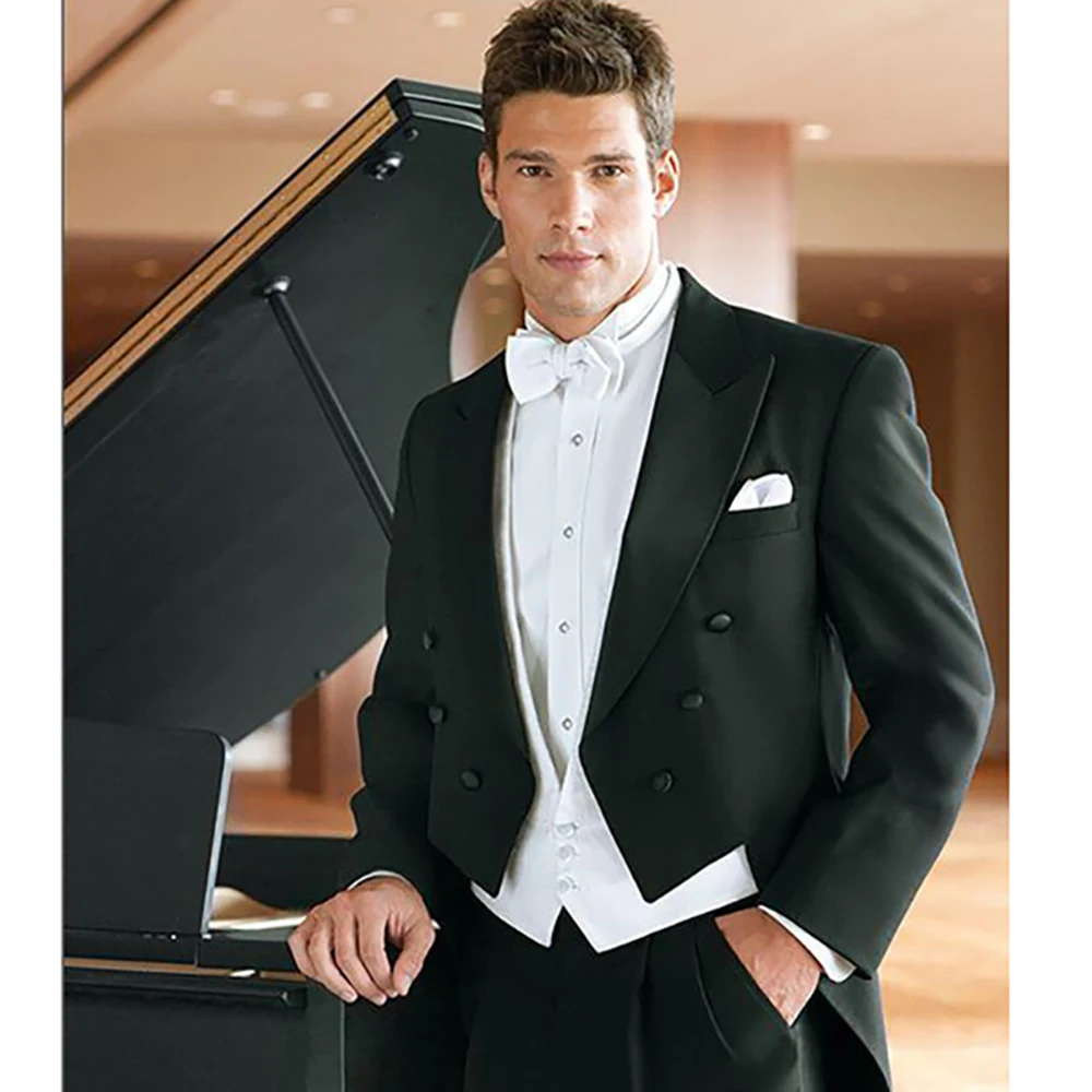 

Elegant Black Suits For Men Double Breasted Shawl Lapel (Blazer+Vest+Pants) Tuxedo Formal Banquet Wedding Prom Handsome Full Set