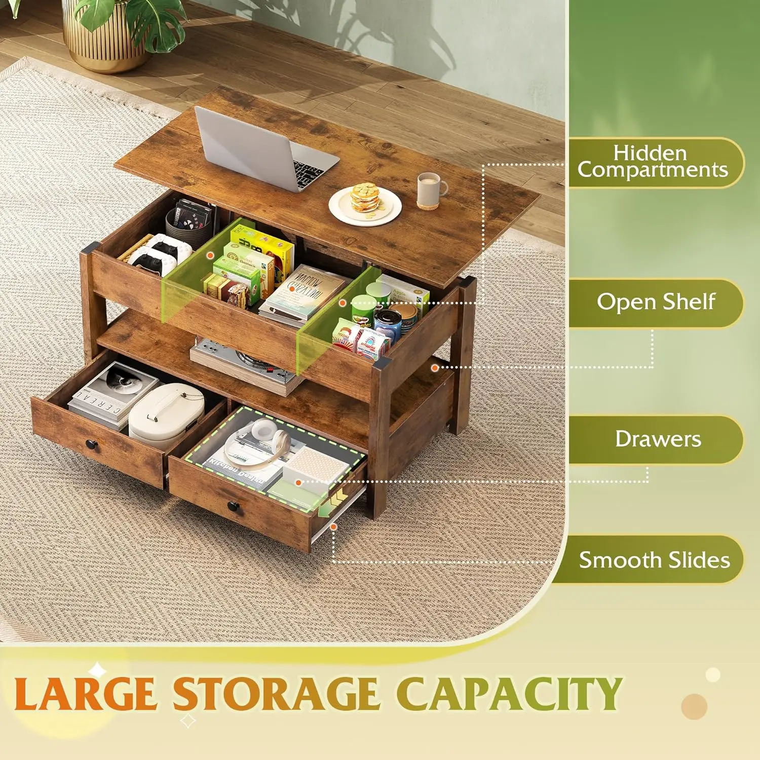 طاولة قهوة، طاولة قهوة قابلة للرفع مع درجين، مساحة تخزين كبيرة ورف مفتوح، طاولة رفع لغرفة المعيشة