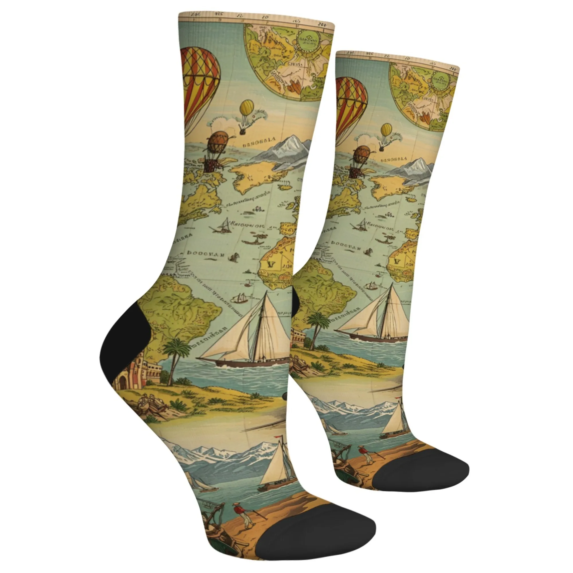 Harajuku Retro Travel Theme Printed Men's Socks Novel Street Travel Geography Style Crew Socks Breathable Casual Socks Fun Gift