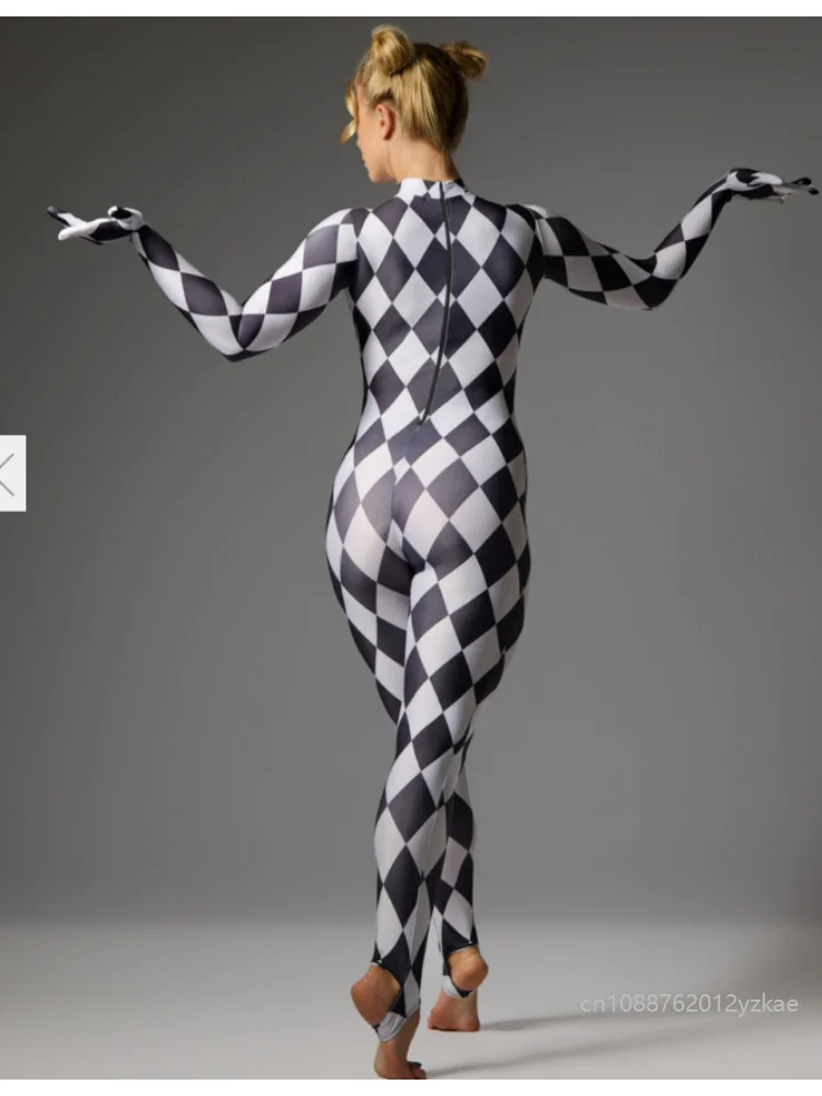 Gothic Black White Halloween Clown Holiday Art Asymmetrical Bodysuit Cosplay Women's Checkerboard Jumpsuit Carnival Party Tight