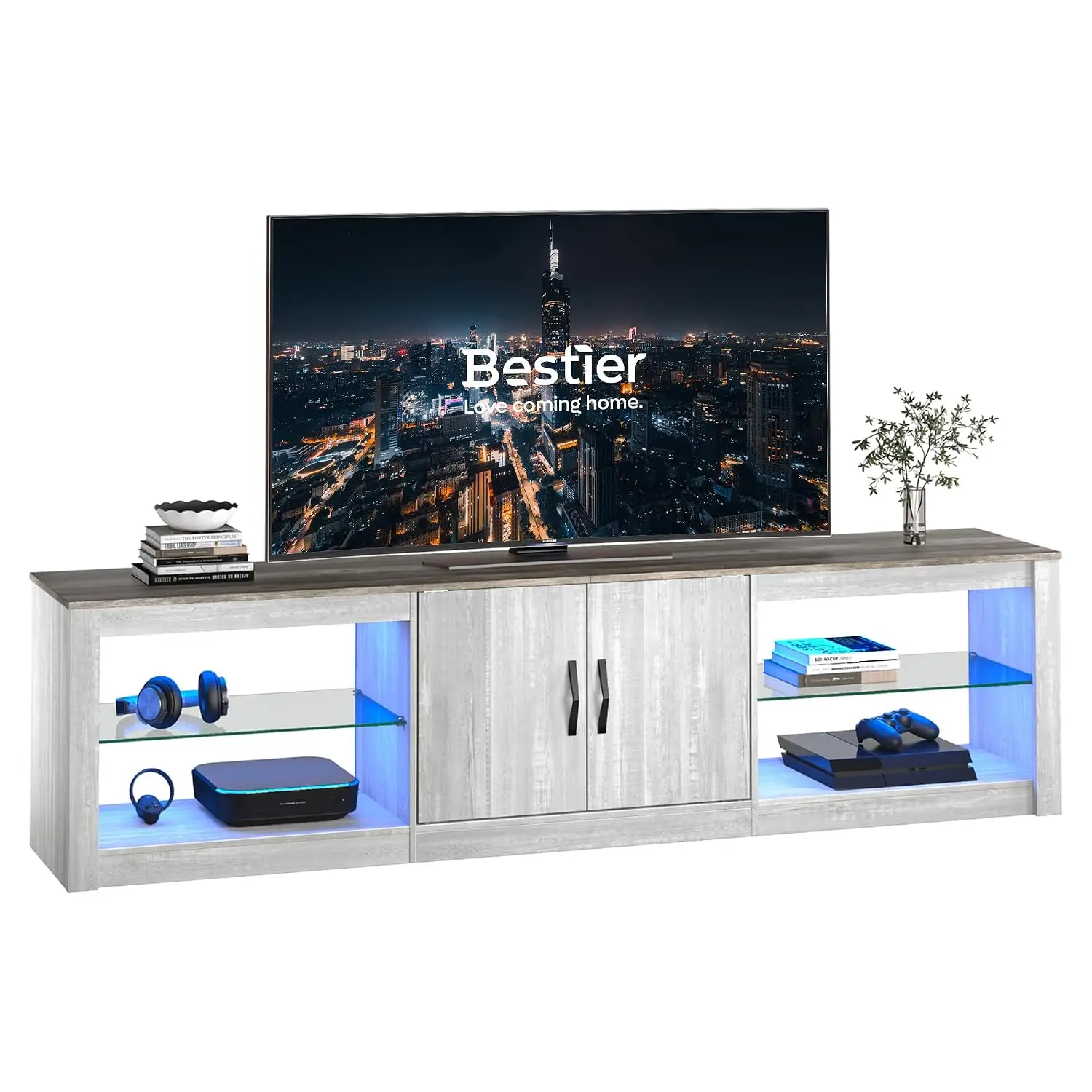 70 Inch LED TV Stand Entertainment Center Gaming Adjustable Glass Shelves Cabinets Living Room 22 RGB White, Customized