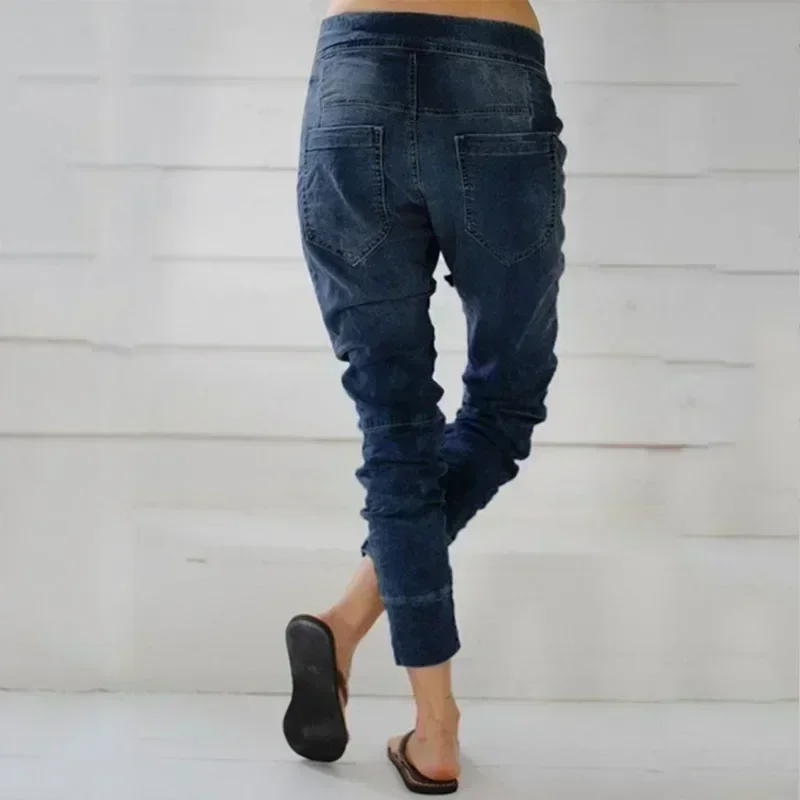 Casual Cowboy Loose Drawstring Trousers Women Winter Elasticated Waist Jeans Fashion Streetwear Long Denim Pants Pantaloni 30202