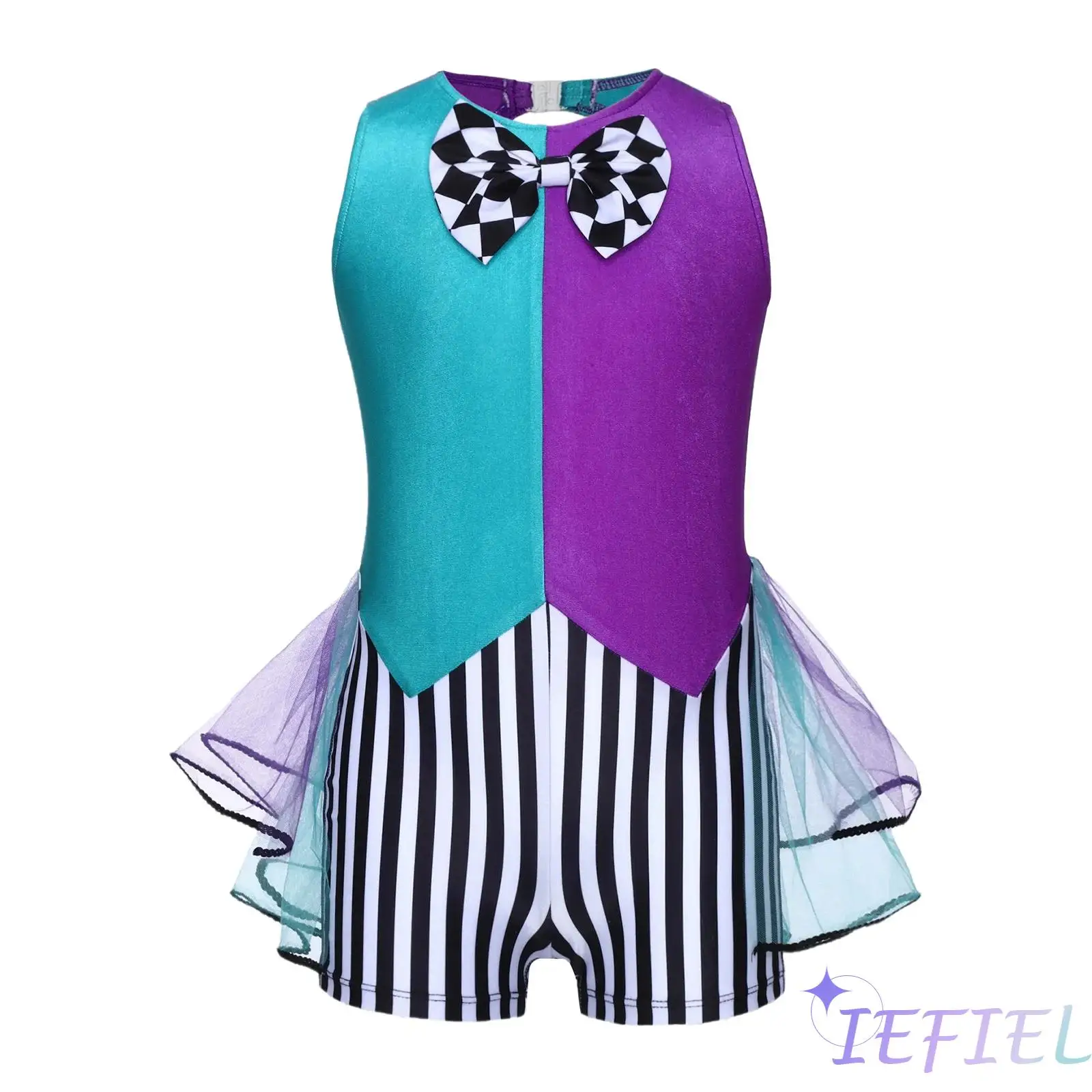 

Girls Mad Hatter Costume Fairytale Tea Party Dress Sleeveless Stripes Checkerboard Bow Knot Tutu Bodysuit Hatter Dress