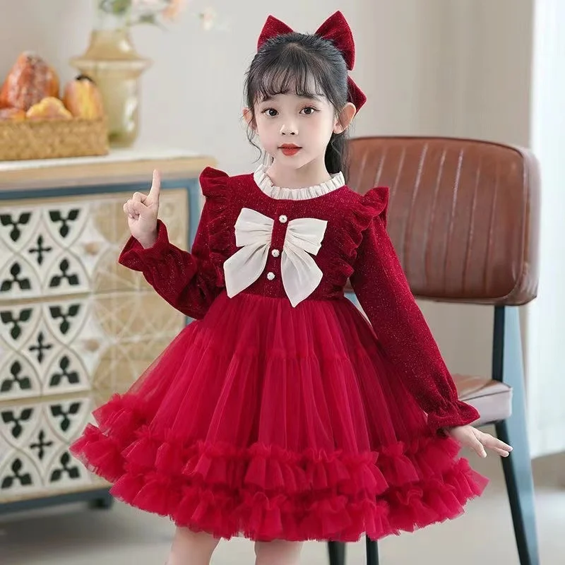 Princess Corduroy Dress Girls Autumn Winter Bow Mesh Gown Children Wedding Birthday Party Tulle Vestidos Kids Fashion Clothing