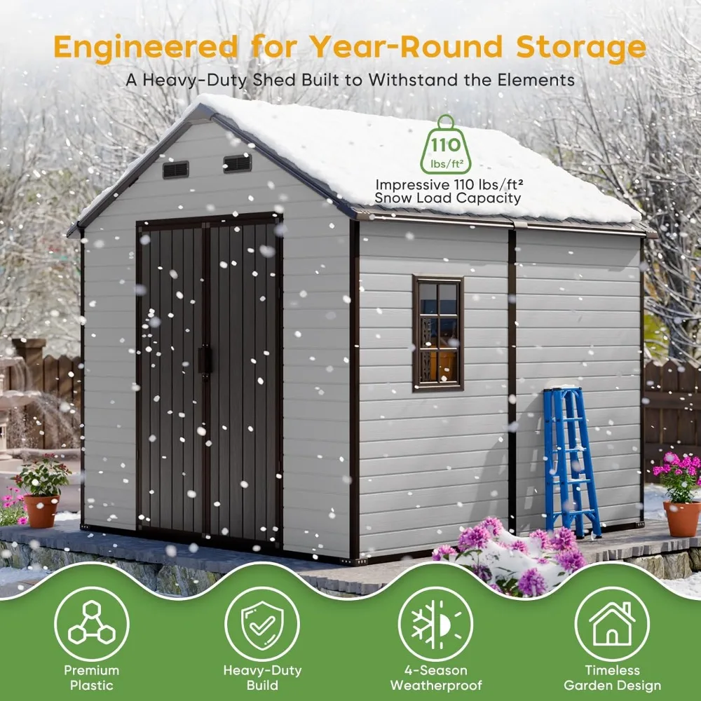 

8x8 Shed with Floor, Heavy-Duty Plastic Resin Sheds & Outdoor Storage, Garden Tool Shed for Backyard, Patio, Bike Storage.