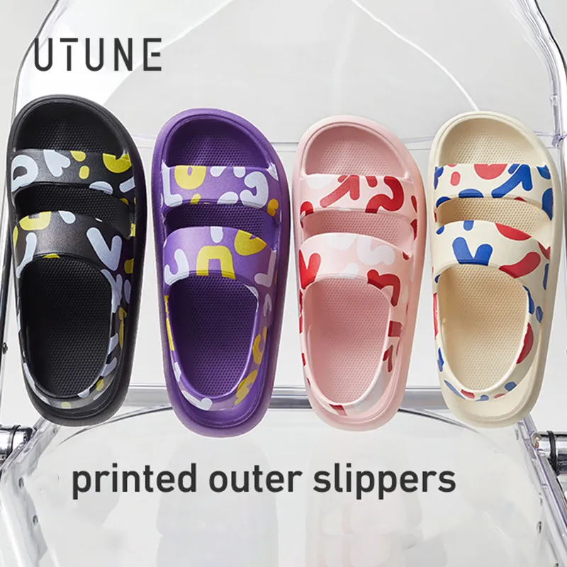 UTUNE Outside Sandals For Women Summer Platform Shoes Printing Beach Female Slides Slippers Outdoor EVA 4CM Thick Sole Non-slip