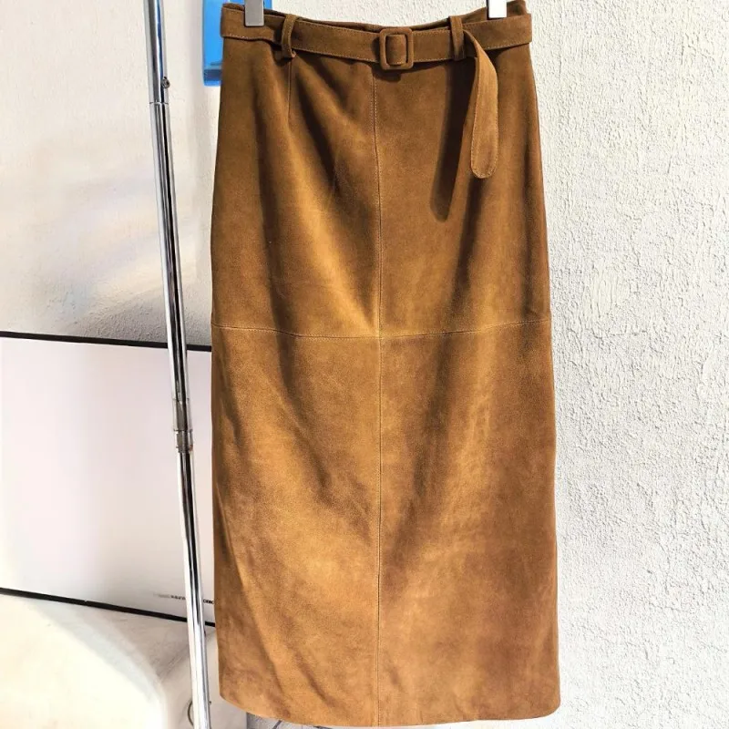 Retro Ladies Solid Color Genuine Leather Suede Long Skirts 88cm High Waist Belt Sheepskin Handmade Knee Length Skirt Vintage
