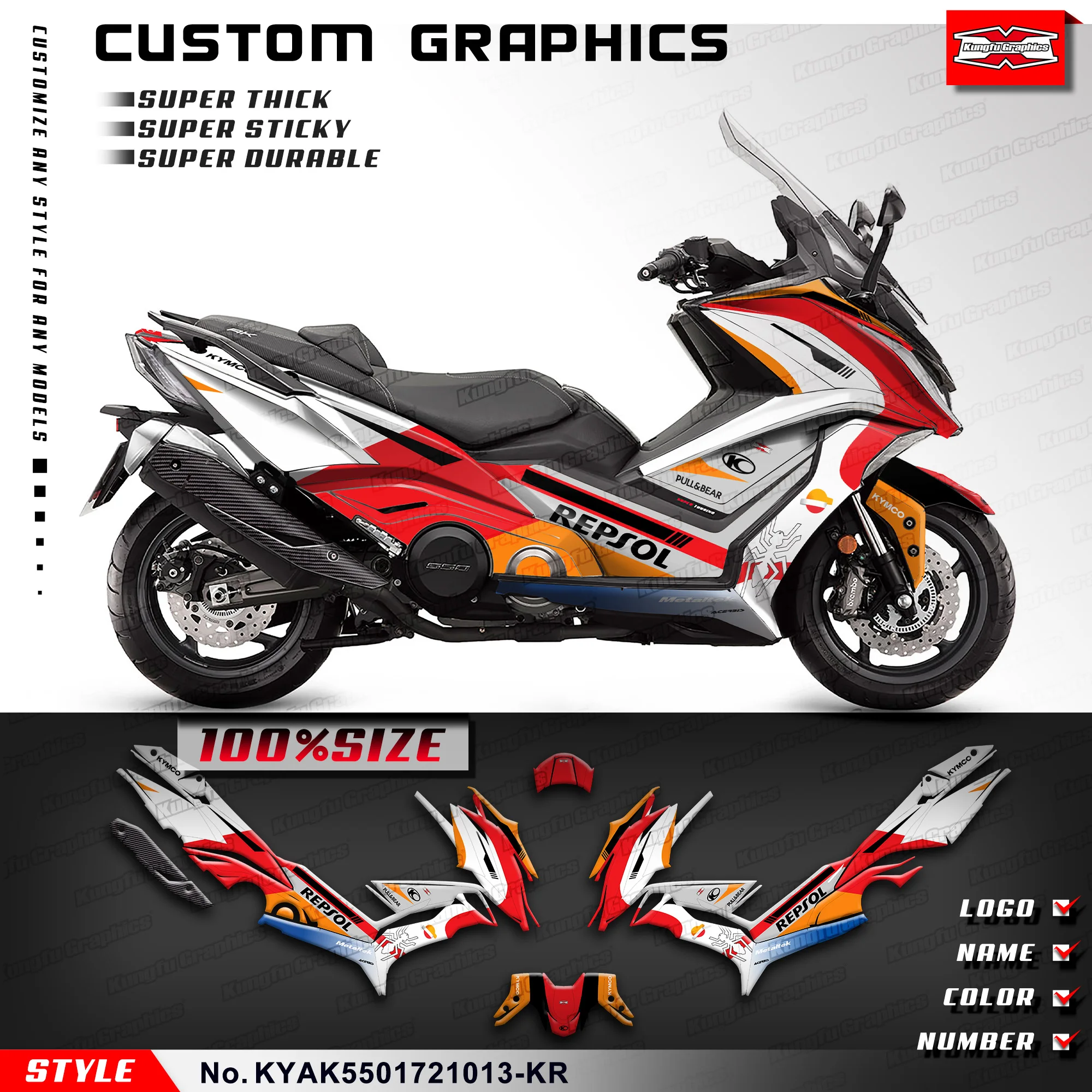 

KUNGFU GRAPHICS Adhesive Sticker Vinyl Decal Kit for KYMCO AK550 2017 2018 2019 2020 2021, KYAK5501721013-KR