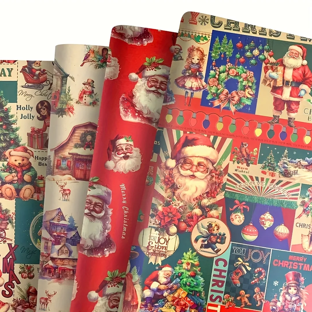 [Christmas Gift Wrap] 4 sheets Set of Vintage Christmas Poster Wrapping Paper, Featuring Santa Claus/Igloo Snowman Design