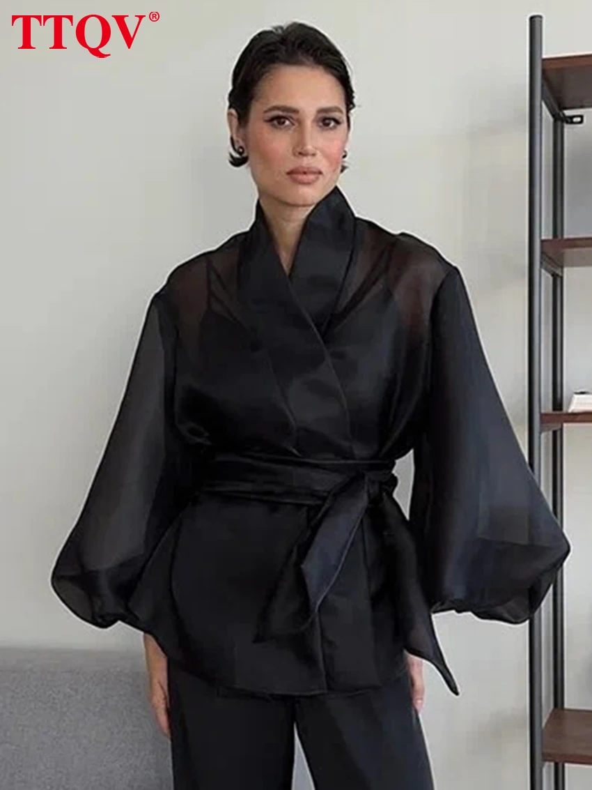 

TTQV Fashion Loose Black Women's Shirt 2025 Casual V-Neck Puff Sleeve Shirts Elegant Classic Lace-Up Top Female Clothing