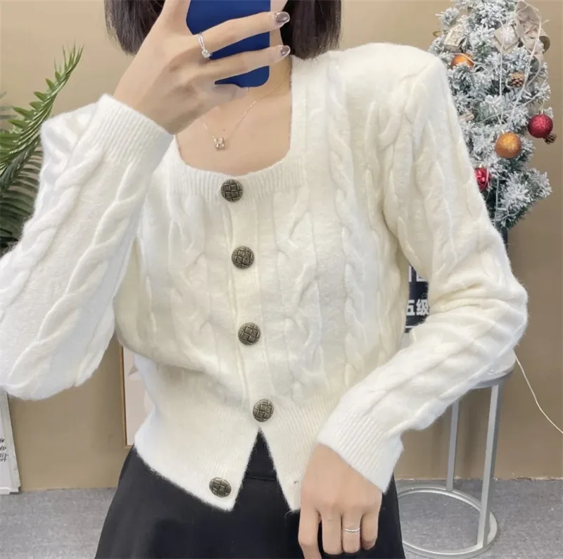 Cardigan Women Sweater 2025 New Fashion Autumn Twisted Square Neck Sweater Loose Design Knitted Cardigan For women's Clothing