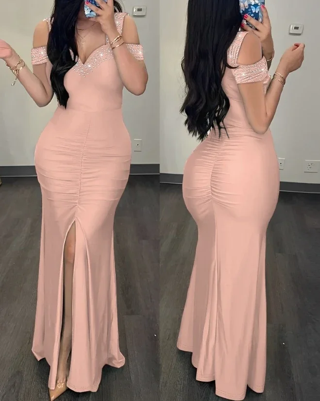 Women's Elegant Rhinestone Cold Shoulder Slit Ruched Party Dress Summer Fashion Plain Short Sleeve Skinny Wrap Maxi Dress