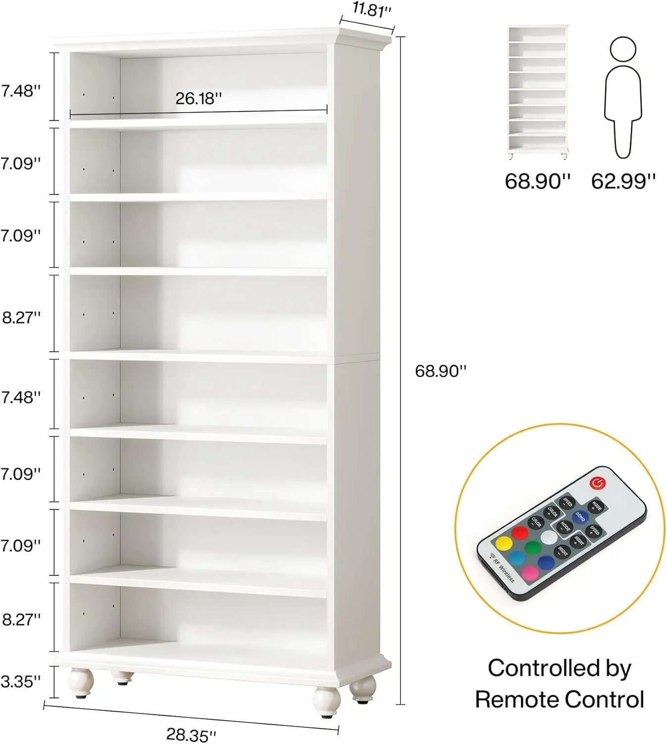 69-Inch Tall Bookcase with LED Lighting, Modern 9-Tier Freestanding Bookshelf with Solid Wood Legs, Wooden Open Display