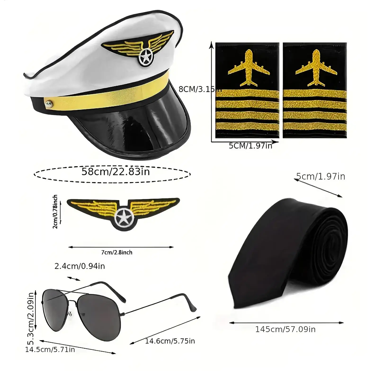 Pilot Captain Costume Set Pilot Hat Aviators Sunglasses Wing Patch Multiple Kits With Tie Epaulets Plane For Halloween Party - view 6