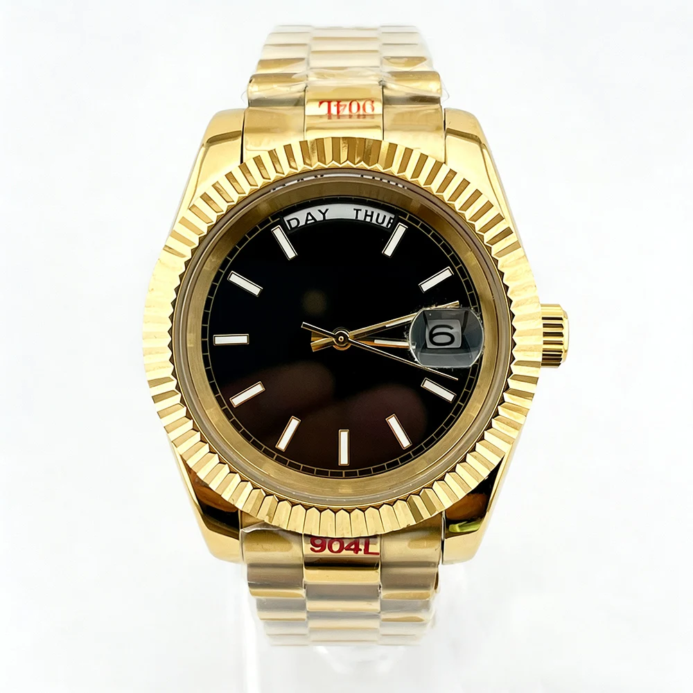 OUMASHI 36mm/39mm Two Tone Gold Watch Men‘s MIYOTA8285 Movement Fluted Bezel Sapphire Glass Black Dial Date Waterproof Watch