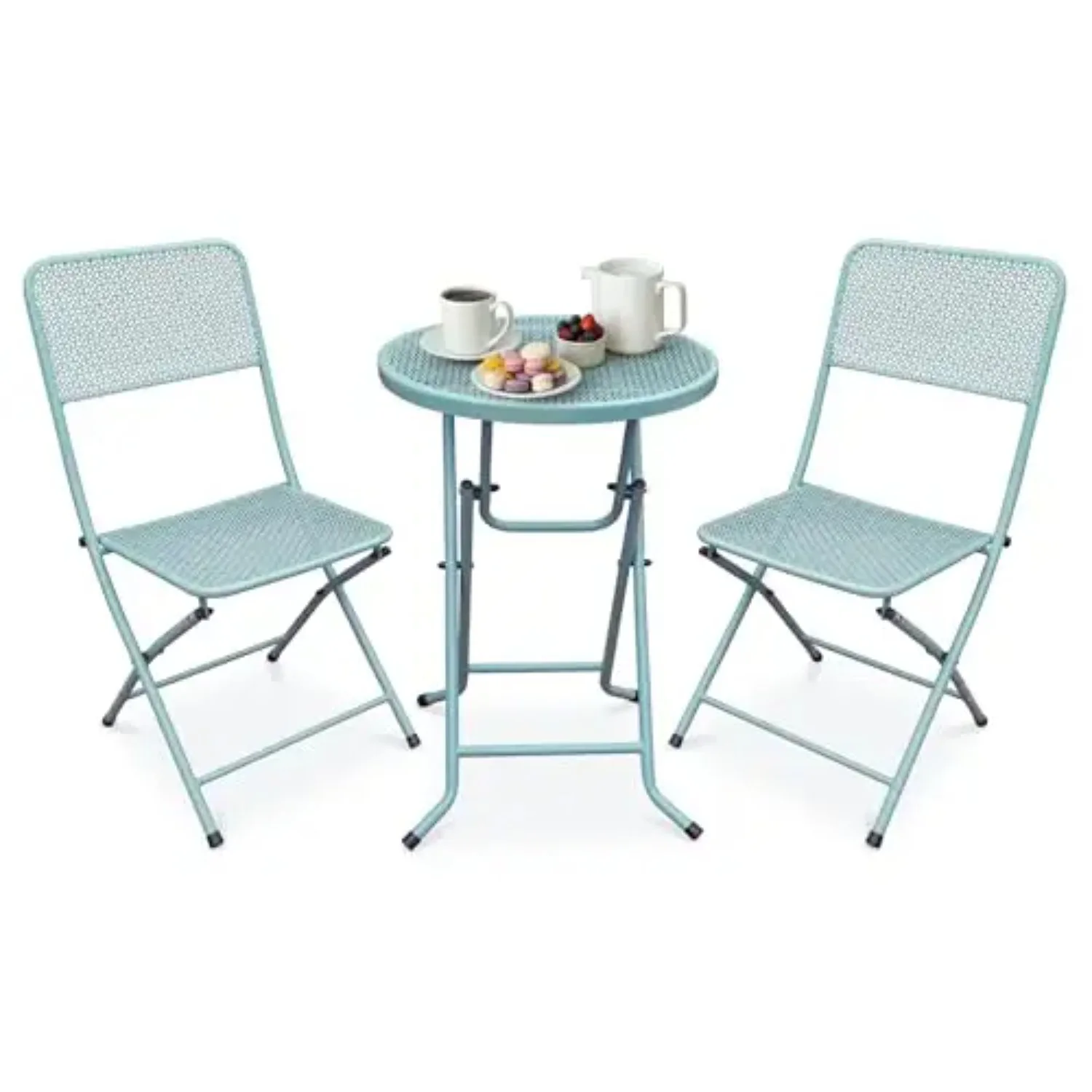 Padova Foldable 3 Piece Powder Coated Steel Mesh Outdoor Patio Bistro Dining Set, Includes 1 Table and 2 Chairs, Blue