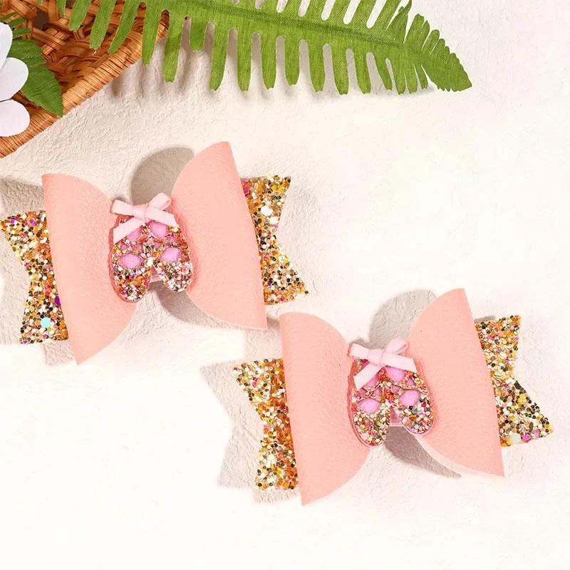 Oaoleer 2Pcs Ballet Shoes Hair Bow Clips Glitter Bows Hairpin for Baby Girl Handmade Leather Barrettes Headwear Hair Accessories