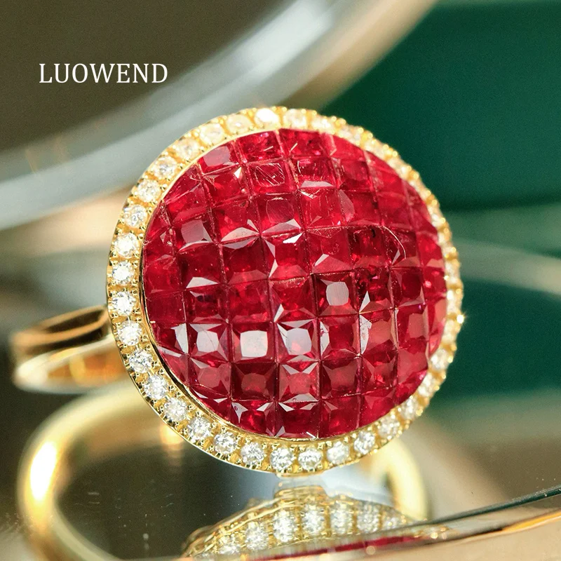 LUOWEND 100% 18K Yellow Gold Rings Luxury Elegant Design Shiny Diamond Natural Ruby Ring for Women Senior Banquet Fine Jewelry