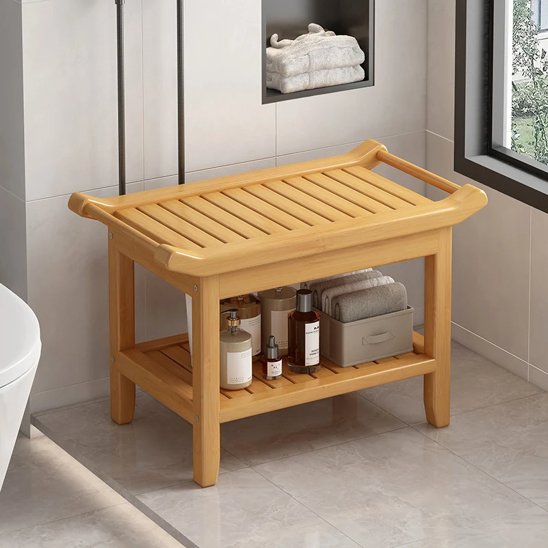 Waterproof Anti-Slip Bamboo Shower Stool Bathroom Bath Bench for Foot Washing And Entryway Shoe