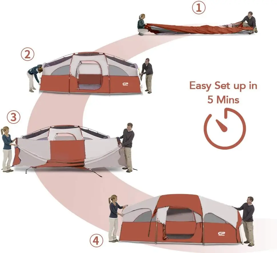 Tent 8 Person Camping Tents, Weather Resistant Family Tent, 5 Large Mesh Windows, Double Layer, Divided Curtain for S