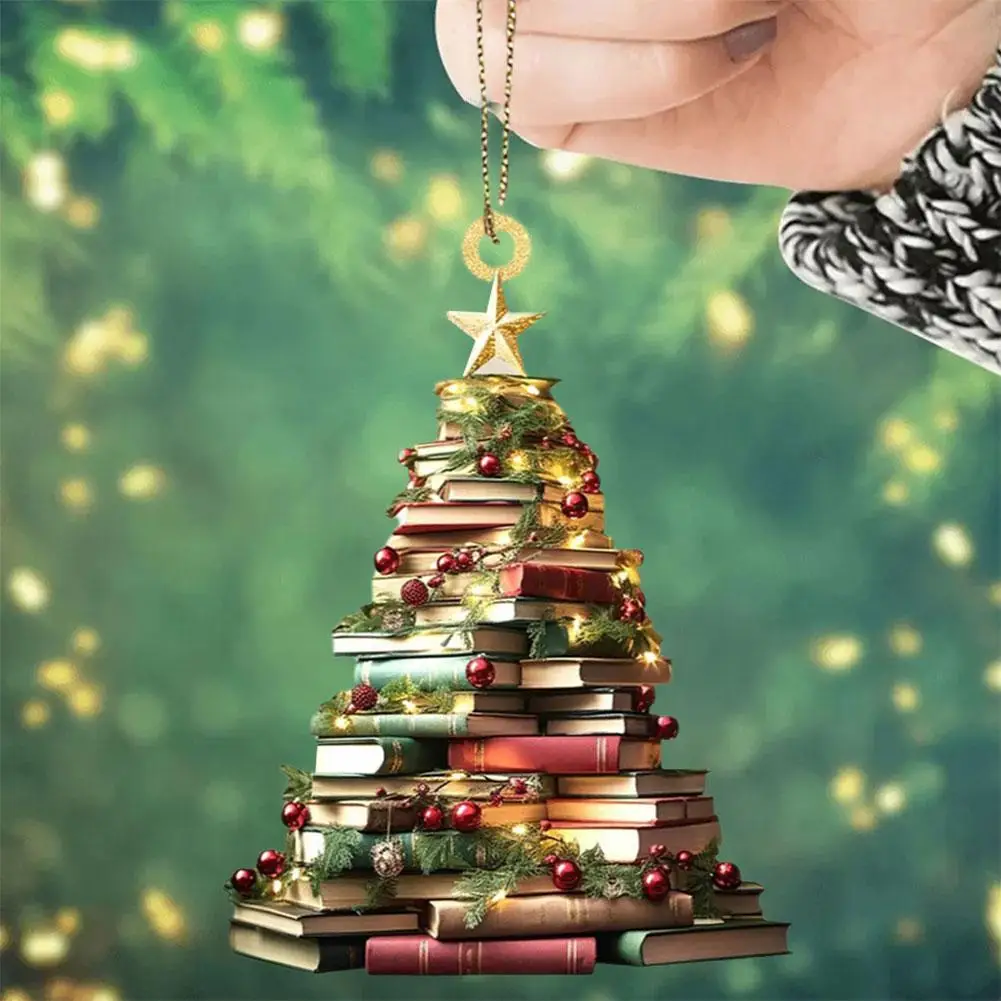 2D Acrylic Flat Christmas Book Tree Ornament Books Stacked Ornament Christmas Tree Shape Bookshelf Pendant For Indoor Decoration