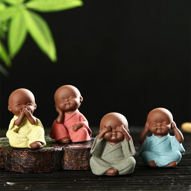 4 Pcs/lot Mini Tea Pets Lovely Little Monk Ceramics for Living Room Home Decor Ornaments Zen Purple Sand Car Interior Accessory