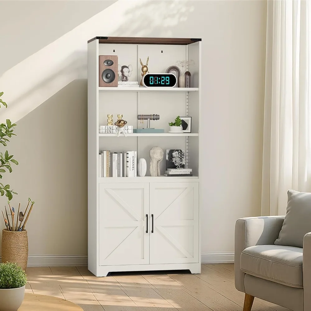 

Bookcase with Doors and Adjustable Shelves, Steel 70 Tall Bookshelf, 6-Tier Farmhouse Metal Storage Cabinet for Study,